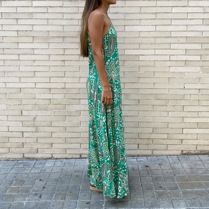 Vestido Largo Estampado Étnico Verde