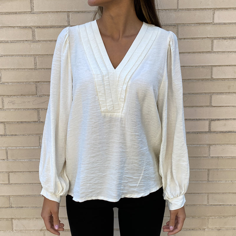 Blusa Pico Pliegues Blanco