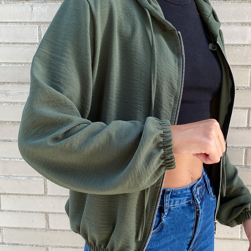 Chaqueta Bomber Fina con Capucha Verde