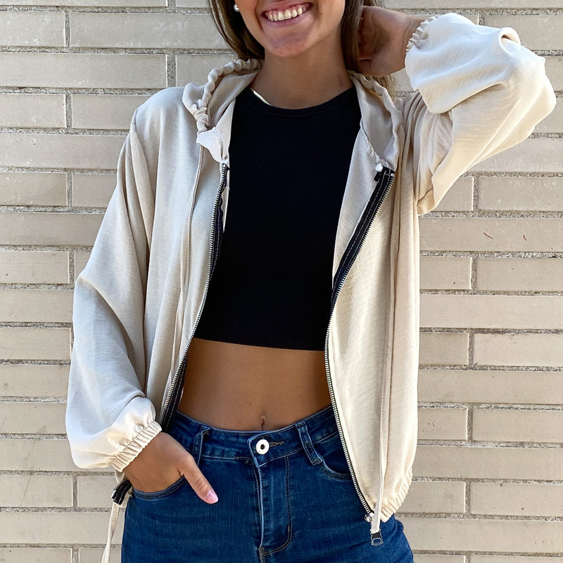 Chaqueta Bomber Fina con Capucha Beige