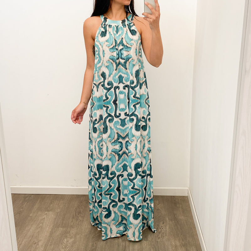 Maxi Vestido Lazo Estampado Turquesa