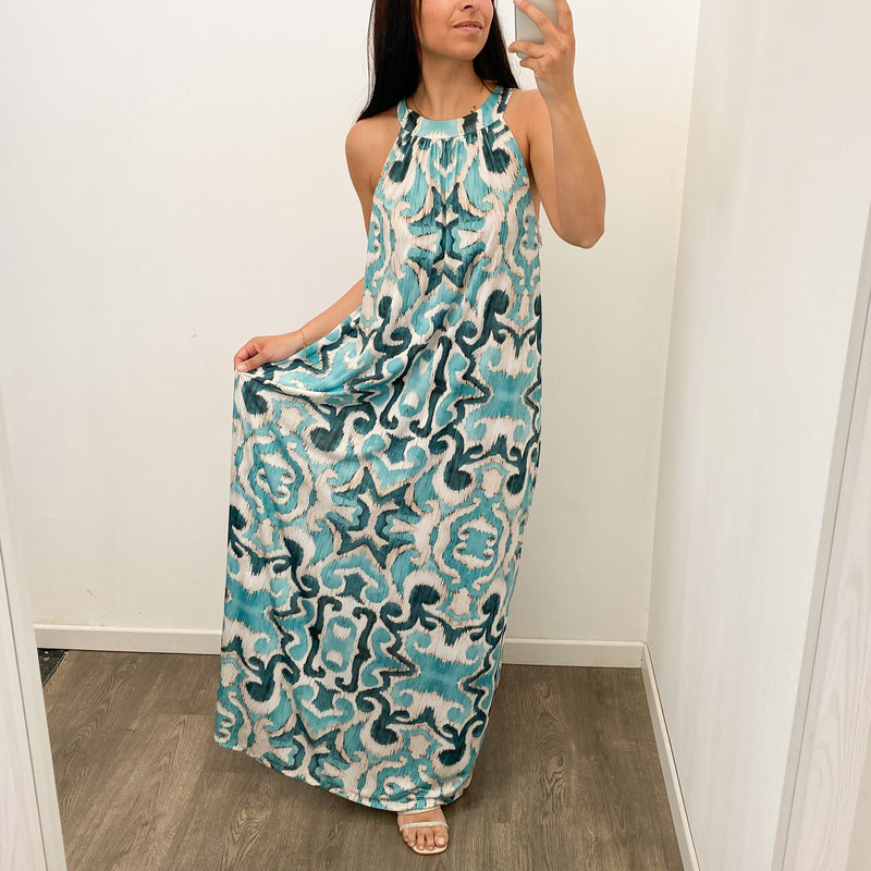 Maxi Vestido Lazo Estampado Turquesa