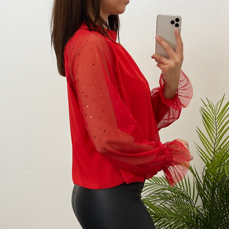 Blusa Manga Transparente Brillo Rojo