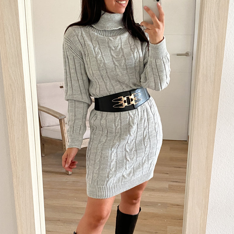 Vestido Punto Cuello Alto Gris