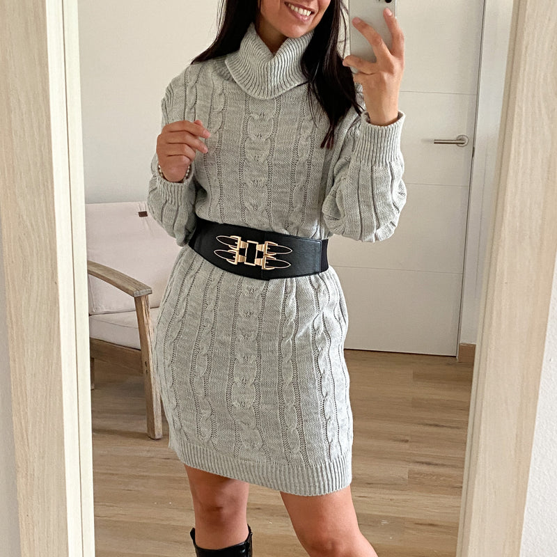Vestido Punto Cuello Alto Gris