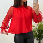 Blusa Manga Transparente Brillo Rojo