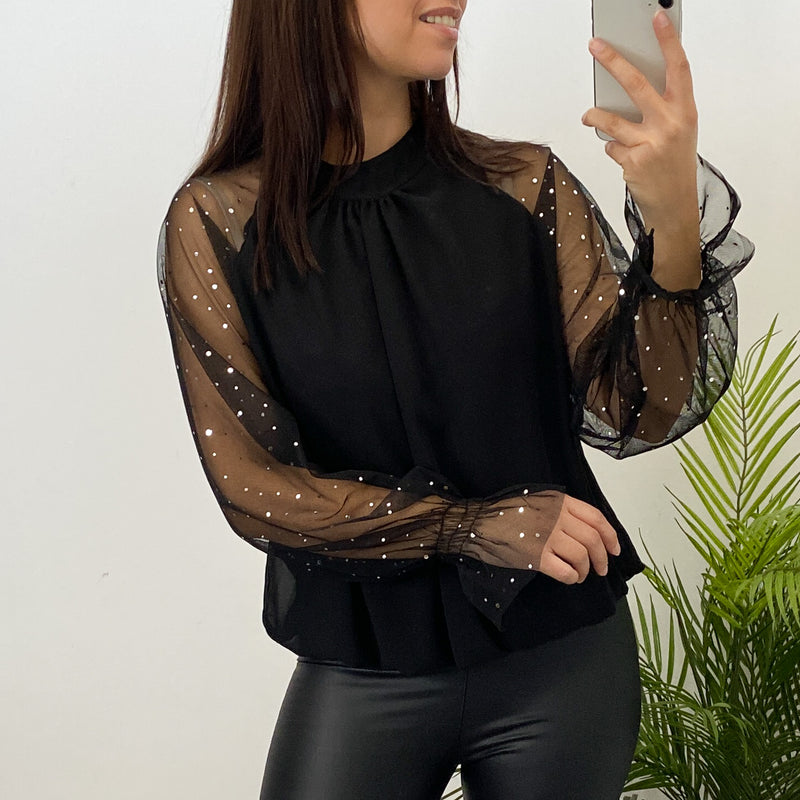 Blusa Manga Transparente Brillo Negro