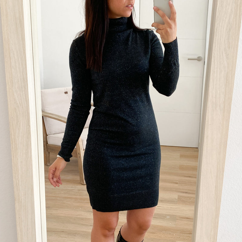 Vestido Cuello Alto Lurex Negro