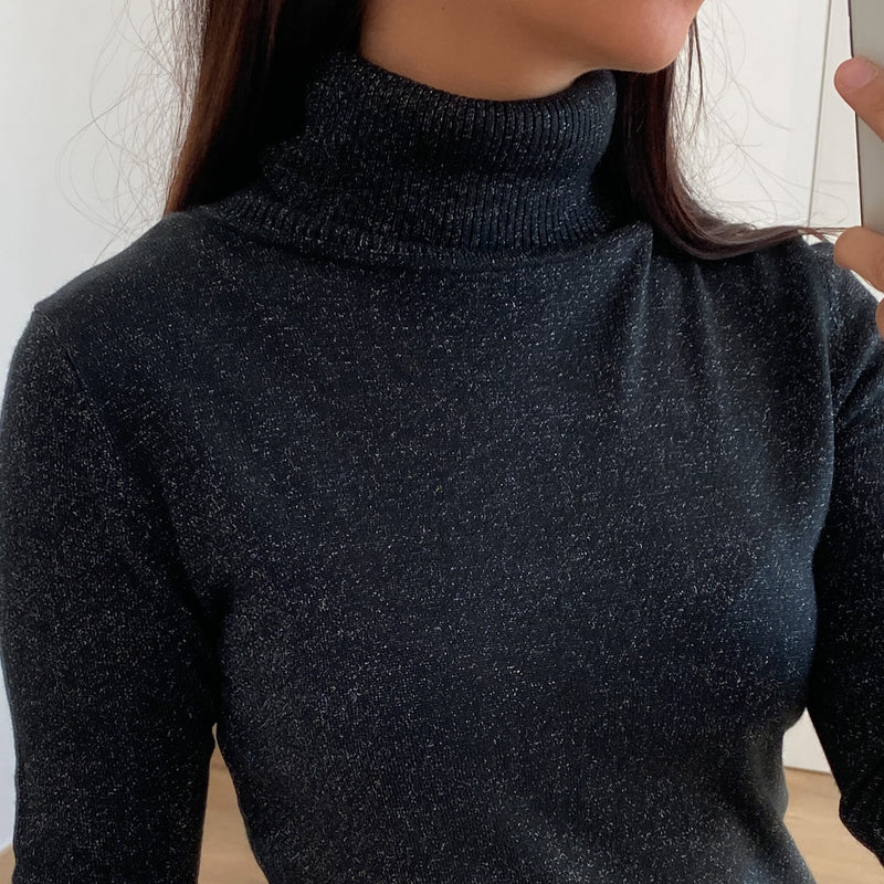 Vestido Cuello Alto Lurex Negro